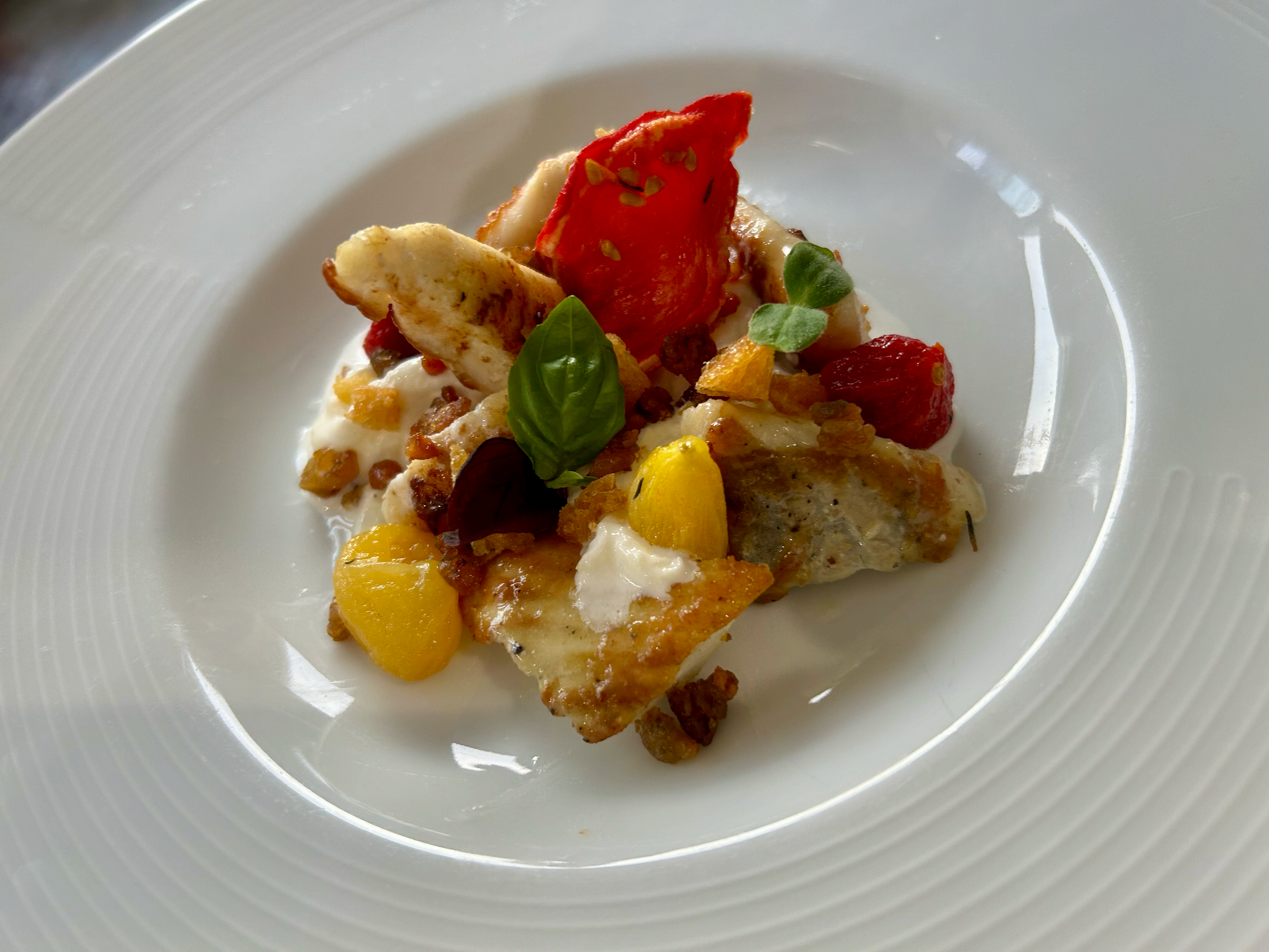 Insalata di rombo e burrata di bufala, pomodorini confit, basilico e acqua di pomodoro alla citronella.